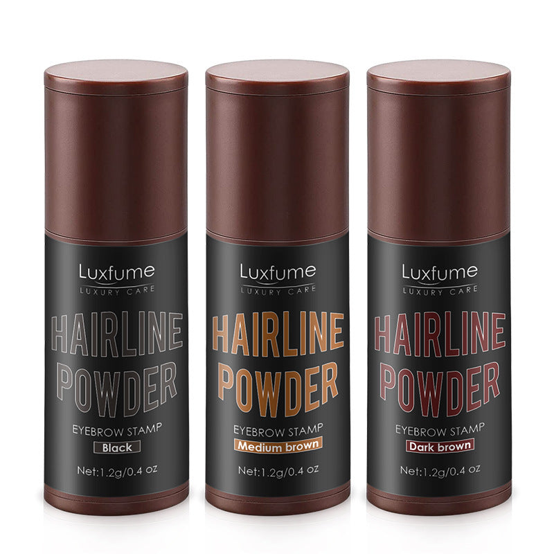 Three Luxfume Hairline Powder containers in black, medium brown, and dark brown on a white background.