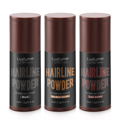 Three Luxfume Hairline Powder containers in black, medium brown, and dark brown on a white background.