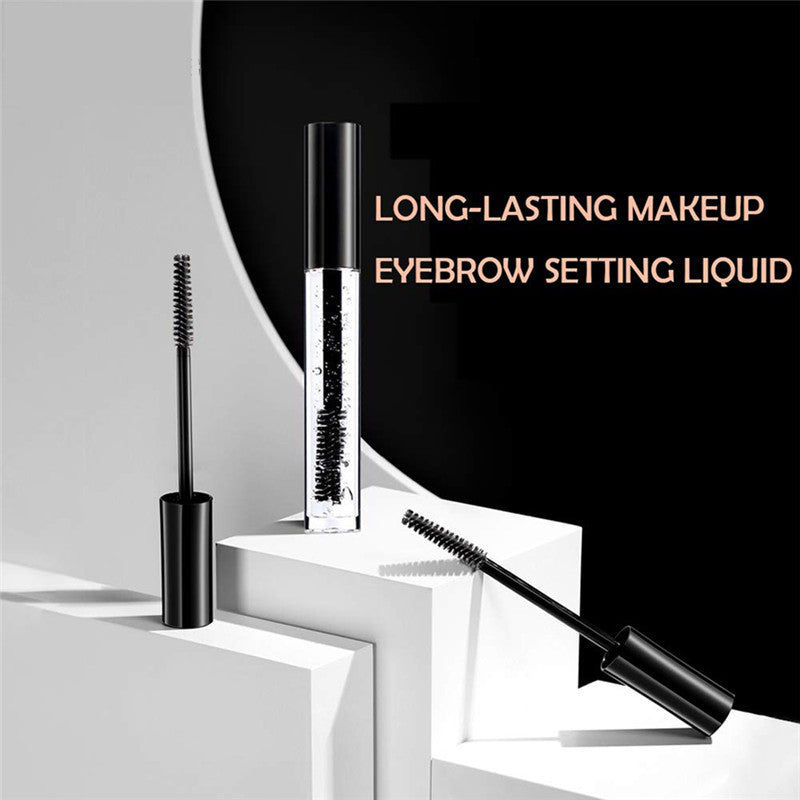 Eyebrow setting liquid with applicator on a black and white background