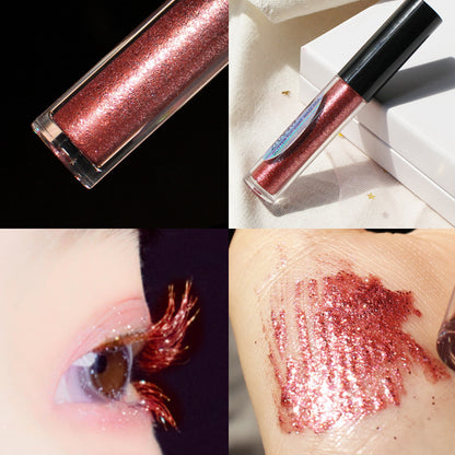 Collage of a glittery lip gloss with close-up shots on skin and eyelid.