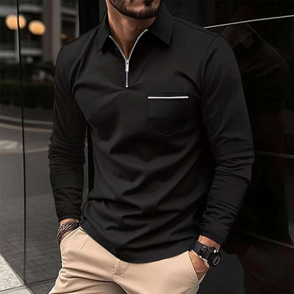 Long-sleeve sports polo shirt, black quarter-zip with chest pocket