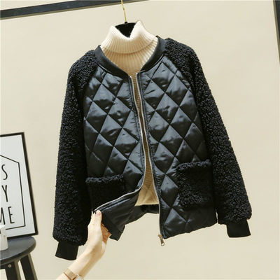Thick cotton-padded jacket, dark black quilted center with sherpa-texture sleeves