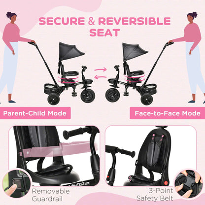 Kids 3-wheel tricycle stroller with reversible seat and 3-point safety belt.