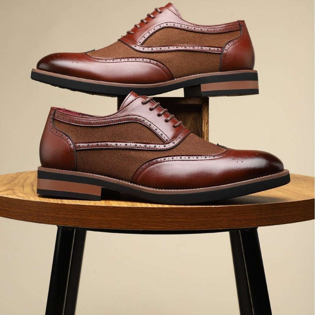 Men's leather oxford shoes, medium brown with wingtip brogue details and lace-up front
