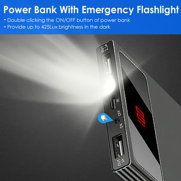 Black ultra-thin power bank with red LED display and an angled side flashlight beam.
