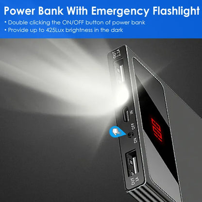 Black ultra-thin power bank with red LED display and an angled side flashlight beam.