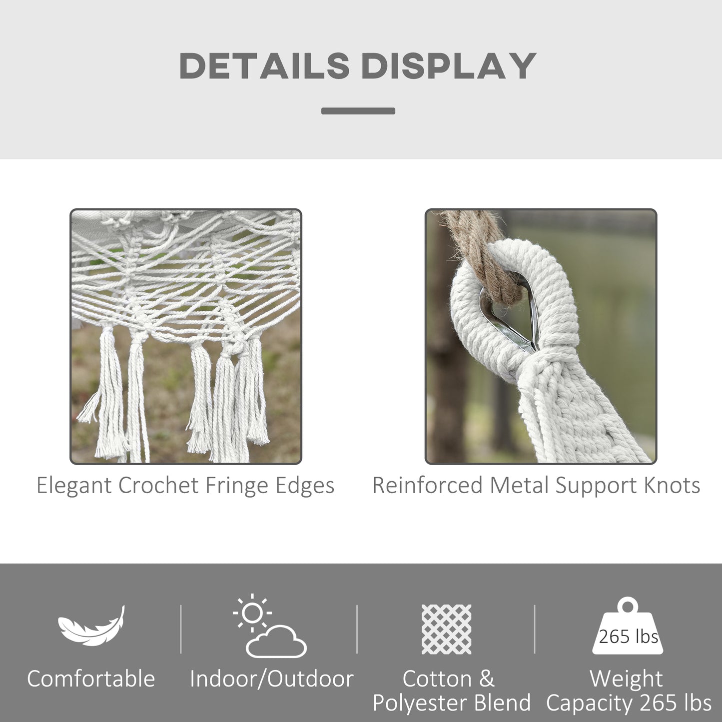 Macrame hammock fringe edge and reinforced metal support knot detail