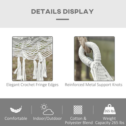 Macrame hammock fringe edge and reinforced metal support knot detail