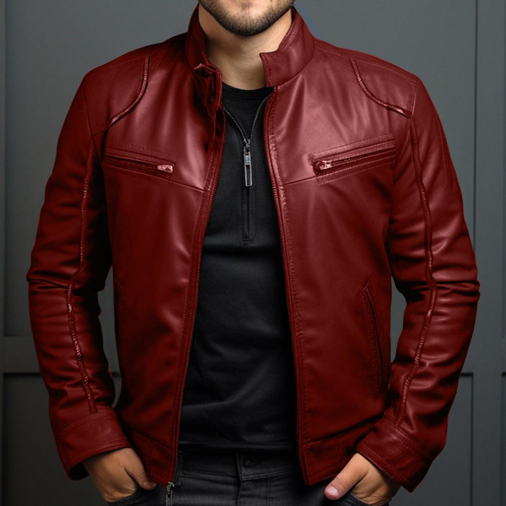 Men's Leather Motorcycle Jacket Men's Stand Collar Motorcycle Leather Ja | Ectron Online