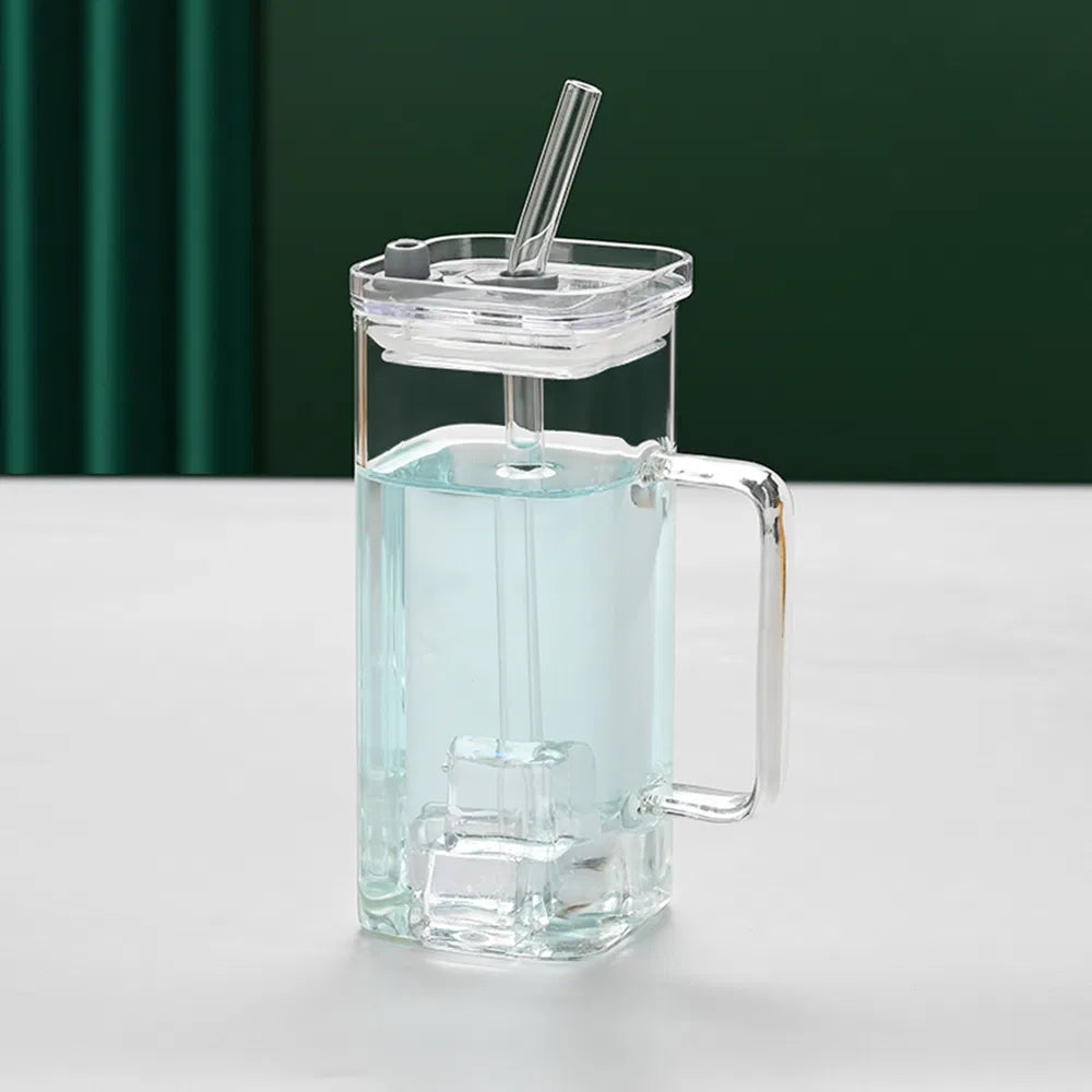Square Glass Cup with Straw & Lid | High Borosilicate Coffee & Juice Cup