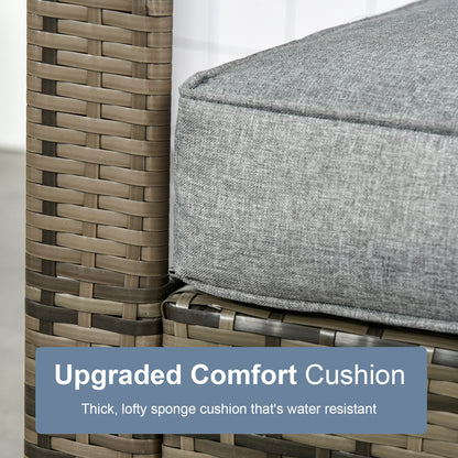 Gray patio chair cushion on woven resin wicker arm