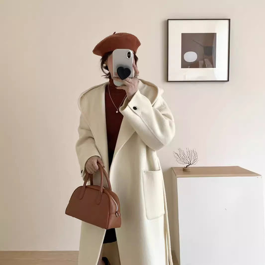 Women's Hooded Solid Color Double-Sided Wool Overcoat