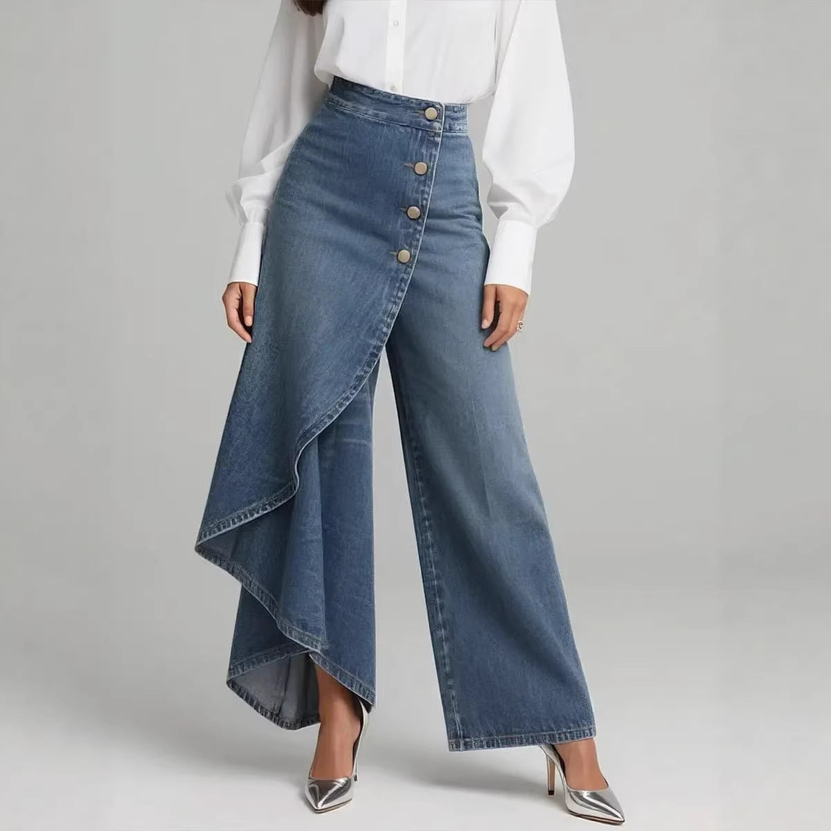 Unique Ruffled Straight-Leg Pants | Fashion Faux Jeans for Women