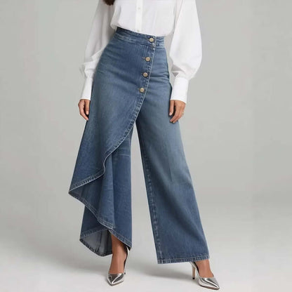 Blue denim straight-leg pants with asymmetrical ruffle overlay and front buttons