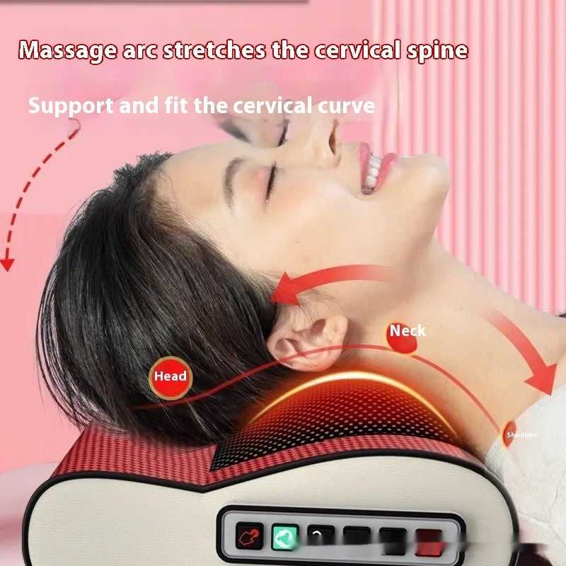 Heated neck massager pillow with red-and-black mesh and side control buttons