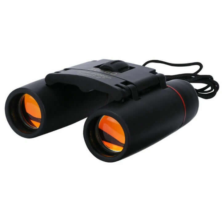 Black binoculars with orange eyepieces and top control knob, angled view