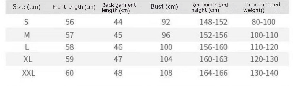 Table displaying garment size chart with measurements in centimeters