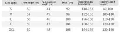 Table displaying garment size chart with measurements in centimeters