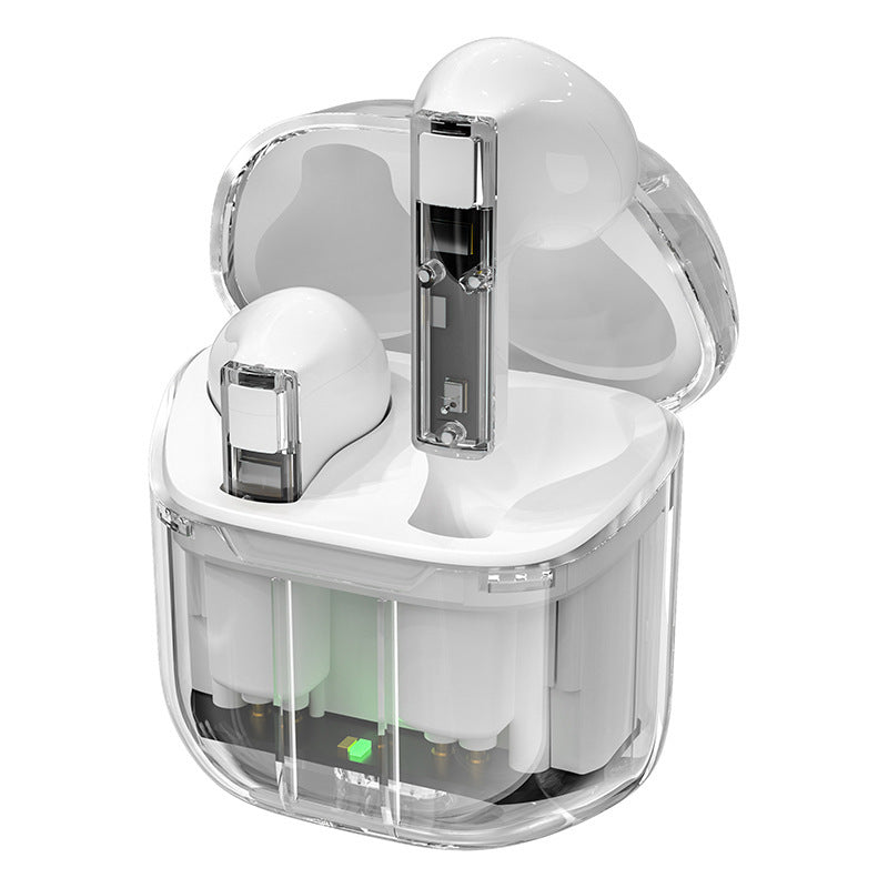 White TWS earbuds charging case with earbuds seated in a transparent shell
