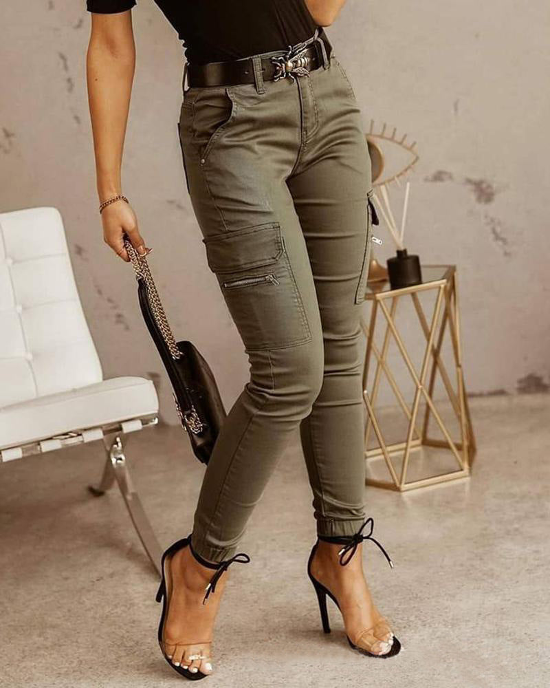 European And American Women's Trousers, Low-waisted Buttons, Solid Color Pockets