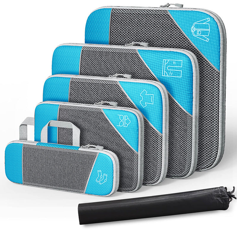 Luggage organizer set with compression and shoe bags plus flat black roll, blue and gray
