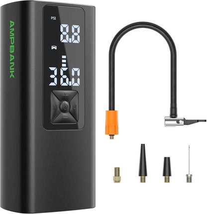 Black portable tire inflator with digital PSI screen, hose, and nozzle adapters