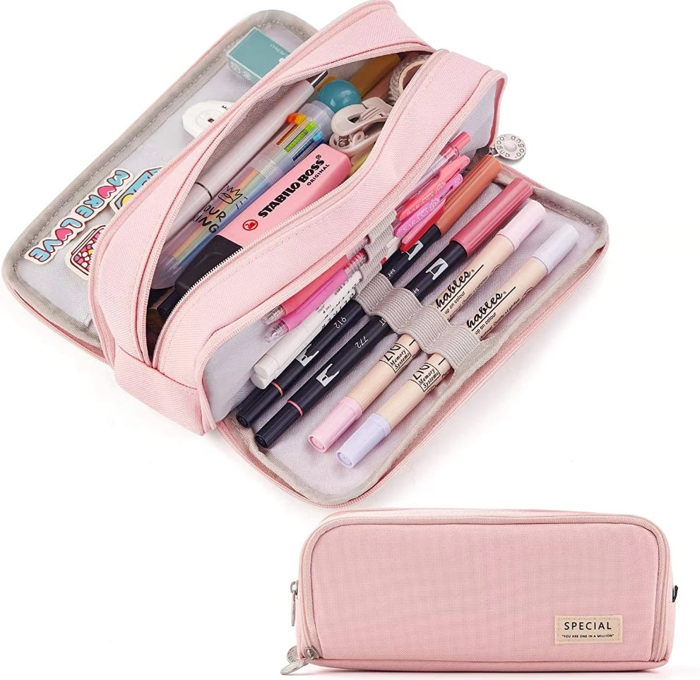 Pink large capacity pencil case with zippered pockets and multi-slot pen holder