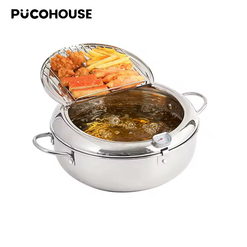 Stainless steel deep fryer with wire basket, lid, and thermometer detail