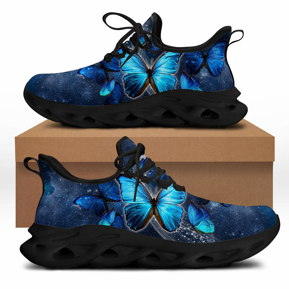 Unisex blade-sole sneakers, dark blue butterfly print, black laces, black chunky sole