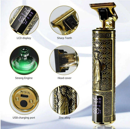 Gold cordless hair clipper with LCD display, sharp teeth, head cover and zinc alloy