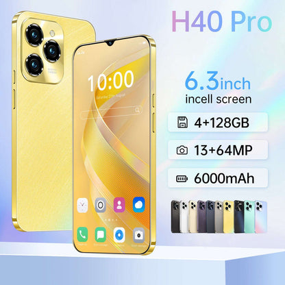 Unlocked smartphone with gold back, dual rear cameras, 6.3-inch touchscreen.