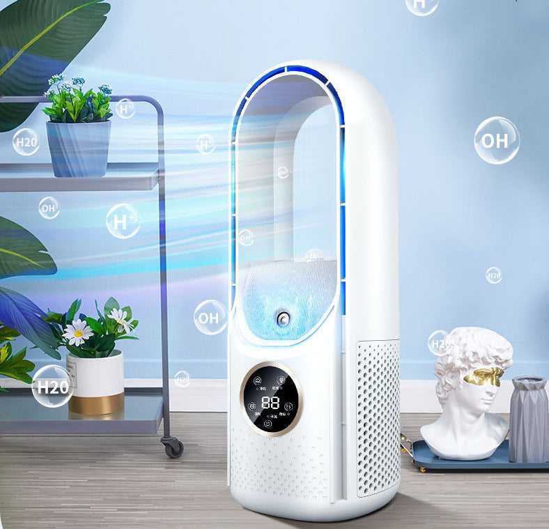 White portable USB air cooler with circular control display, blue LED ring, and leafless mist
