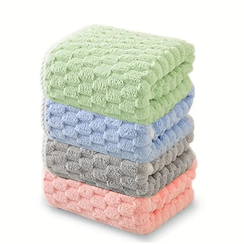 Waffle bath towel set with 4 stacked towels in mixed green, blue, gray, and pink
