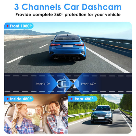 3 Channel Dash Cam 1080P | 360° Front, Interior & Rear Car Camera