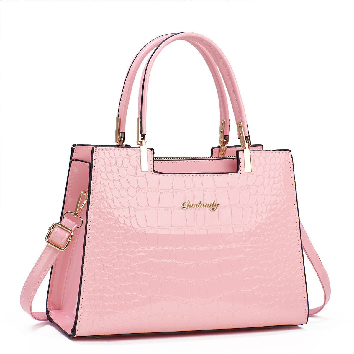 Pink croc-texture tote with top handles and shoulder strap, structured rectangular bag