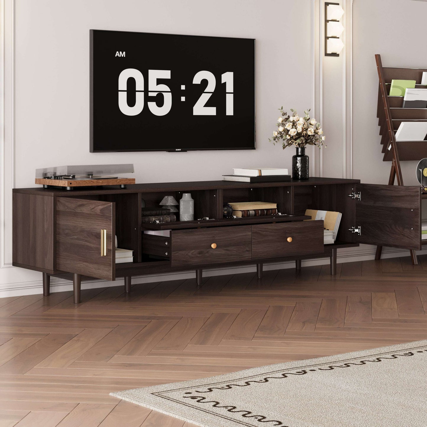 Dark brown TV stand with cabinet drawers and open media shelves, gold drawer pulls