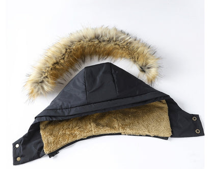 Black coat with fur-lined hood and collar on a white background