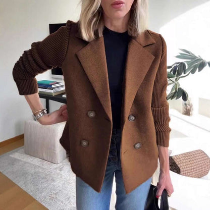 Women's Double Breasted Splicing Coat with Knitted Sleeves Double Breasted Lapel Jacket Fashion Kni | Ectron Online