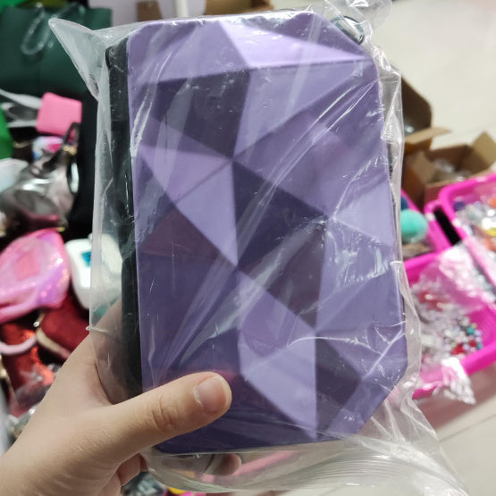 Purple geometric mini cosmetic bag with black zipper and wrist strap