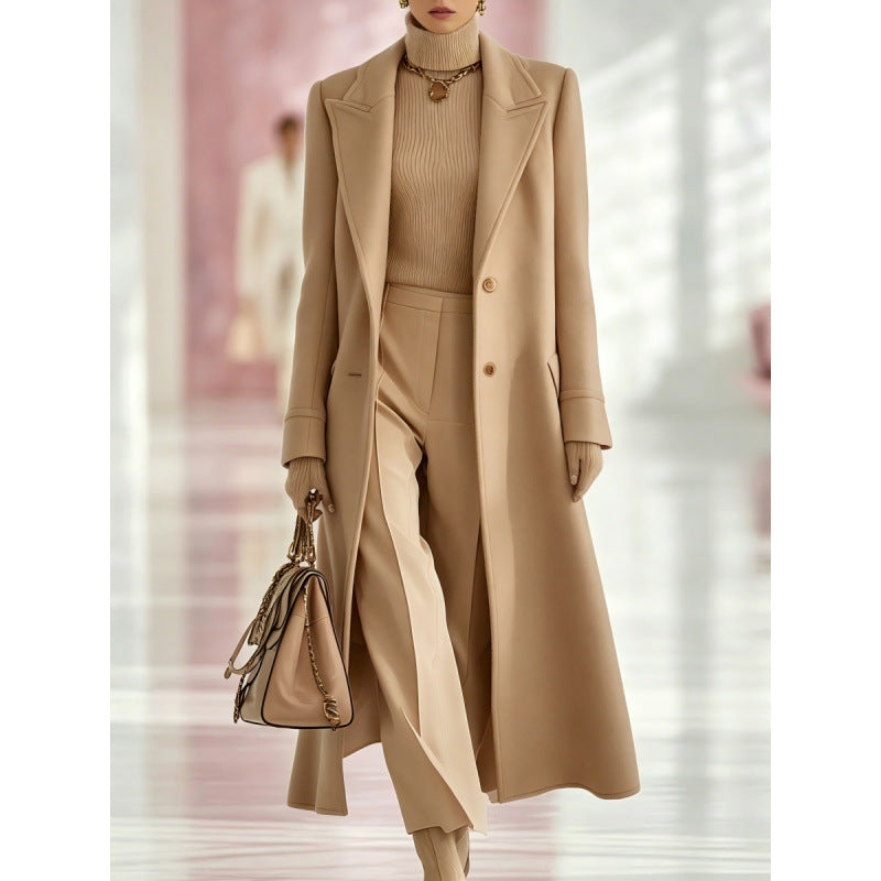 Women’s mid-length wool coat, tan, notched lapels, button front, side pockets