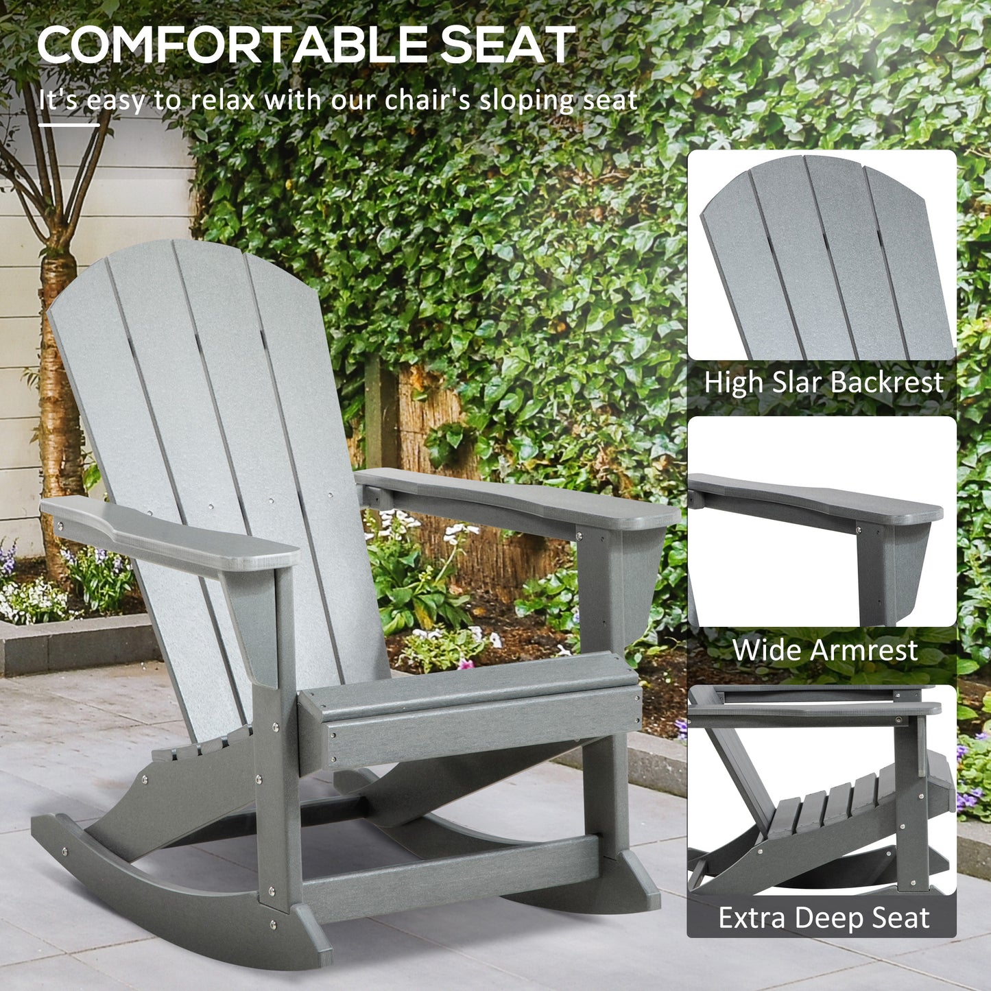 Light gray Adirondack rocking chair with sloped arms and deep seat platform