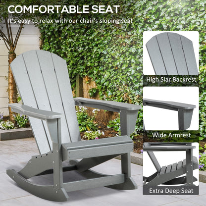 Light gray Adirondack rocking chair with sloped arms and deep seat platform