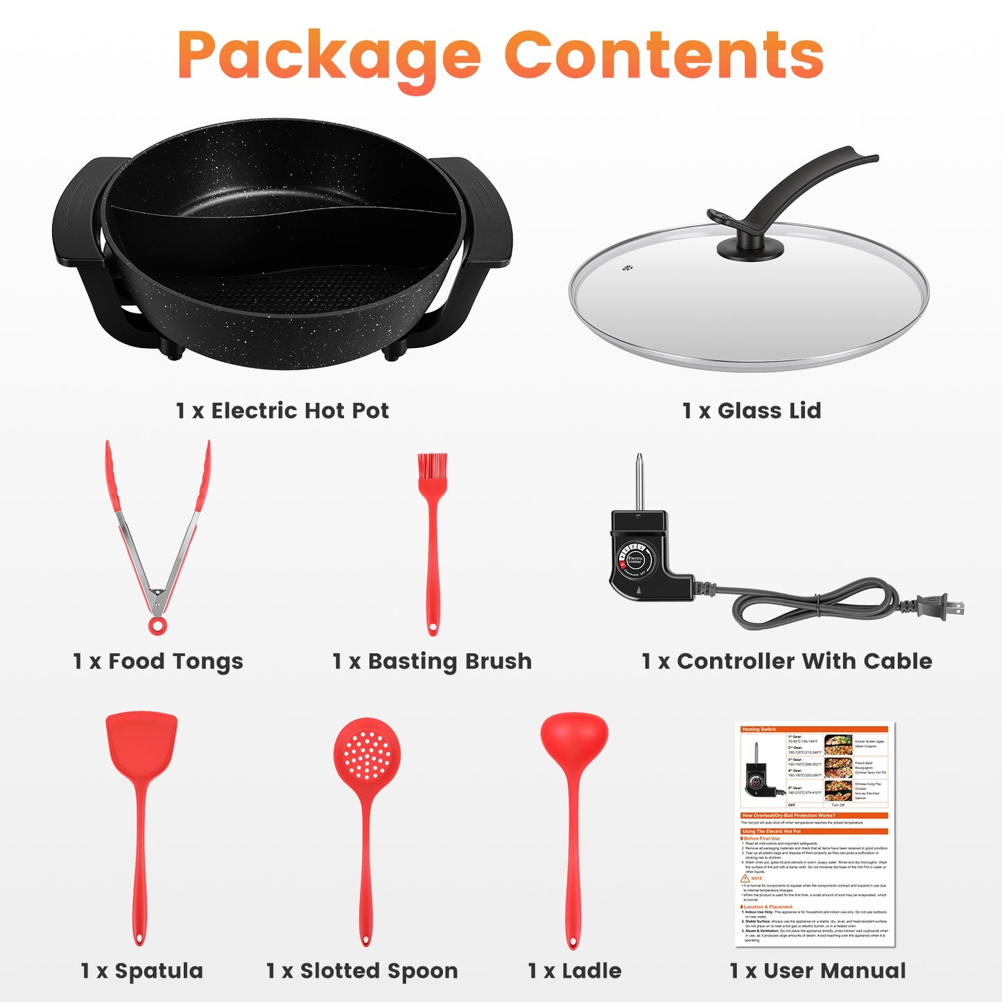 Black electric hot pot kit with glass lid, controller, cable, and utensils.