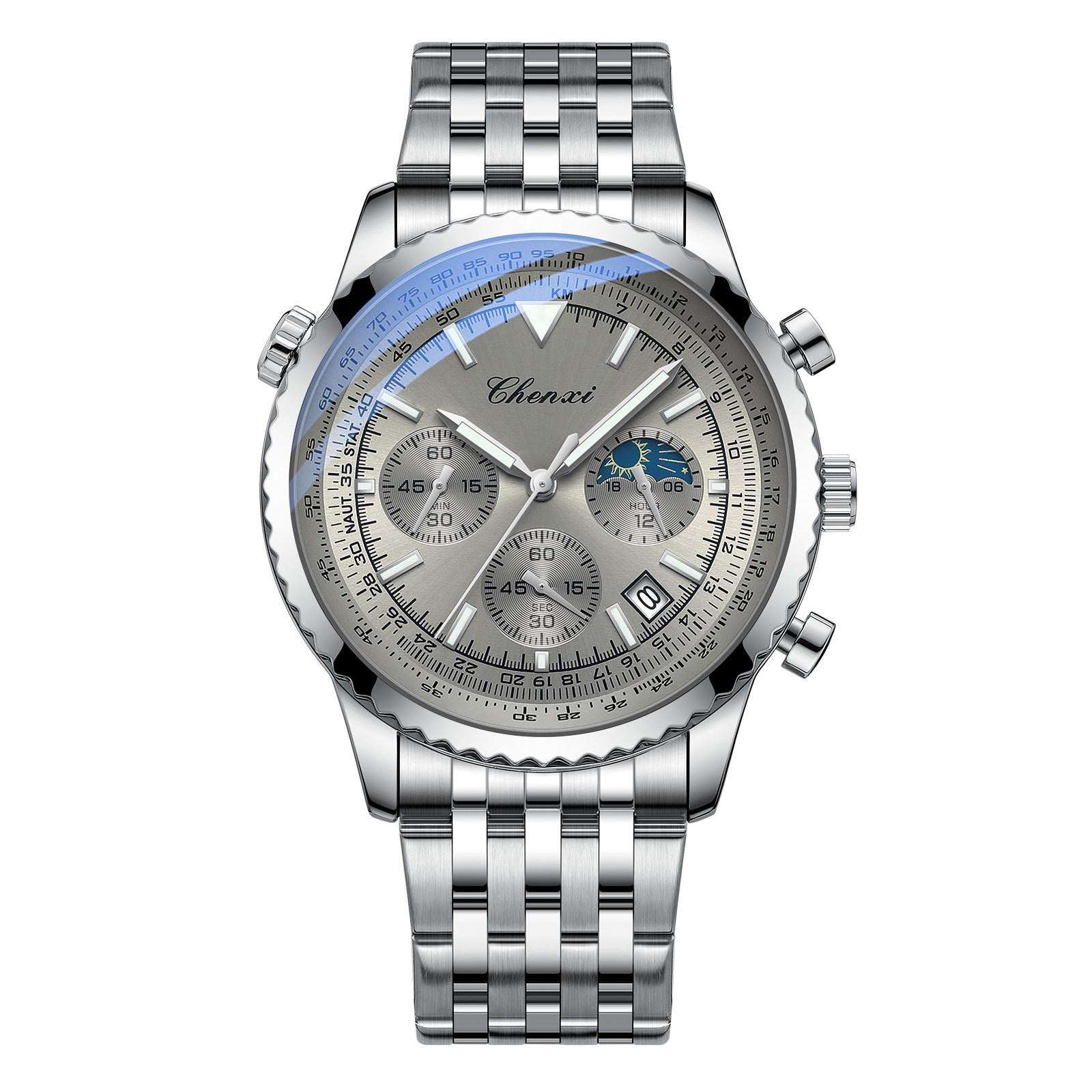 Men's chronograph watch with light dial, blue accents, and silver metal bracelet