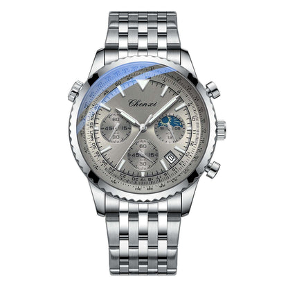 Men's chronograph watch with light dial, blue accents, and silver metal bracelet