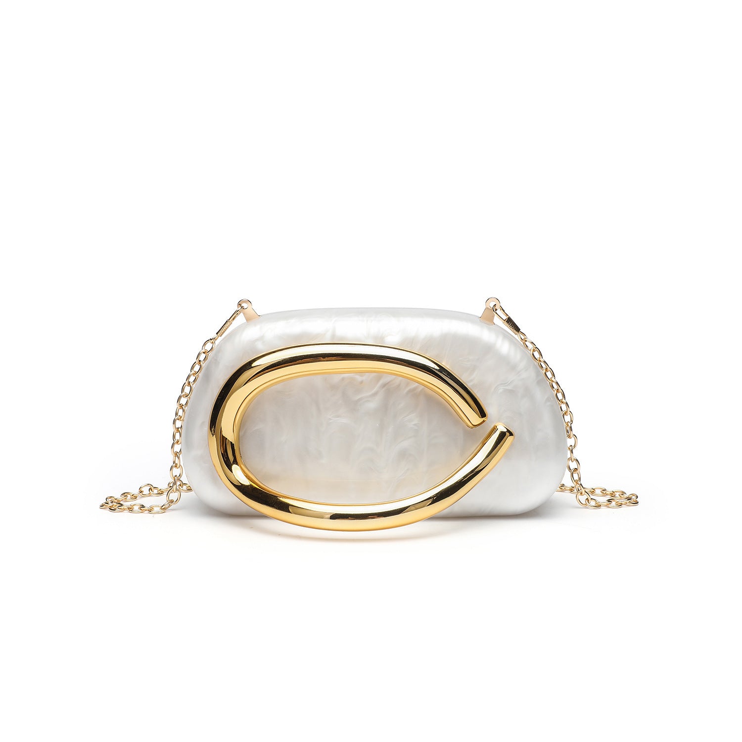 White acrylic dinner clutch with oval gold clasp and chain shoulder strap