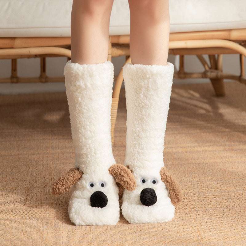 White plush floor socks with dog faces and brown ear patches, cozy winter warm style