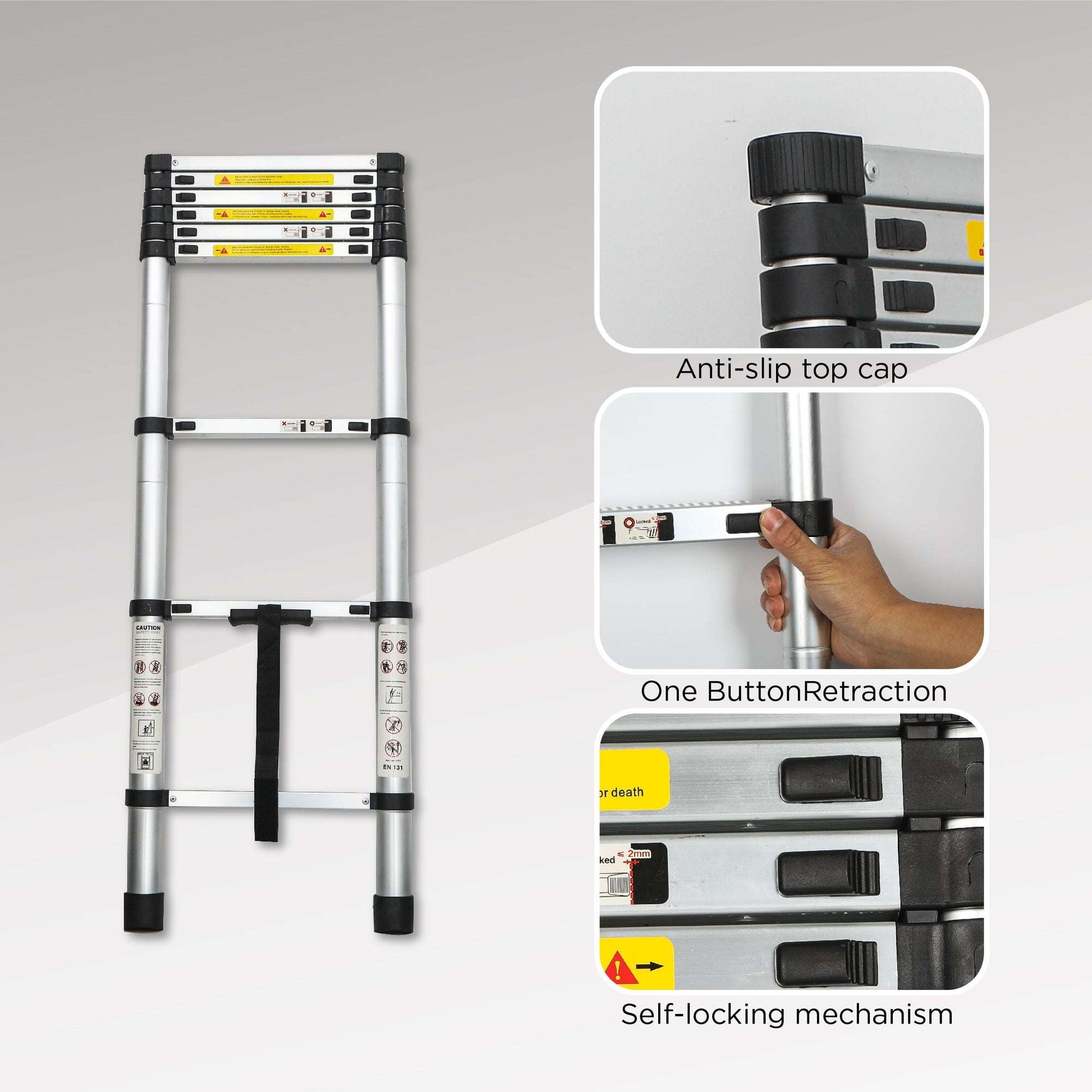 Portable aluminum telescoping ladder with anti-slip top cap and one-button retraction.