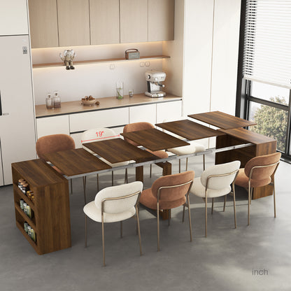 Extendable dark wood dining table with multiple leaf sections and open gaps