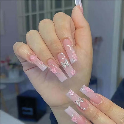 24pcs Flower & Diamond Butterfly Press-On Nails 24 PCS Flower Diamond Butterfly Nail Art | Ectron Online